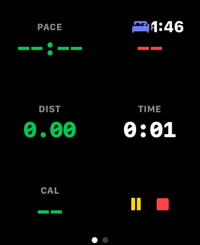 Live pace, distance, time and calories on the watch