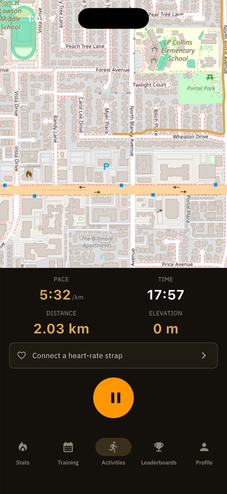 Live GPS recording with pace and distance