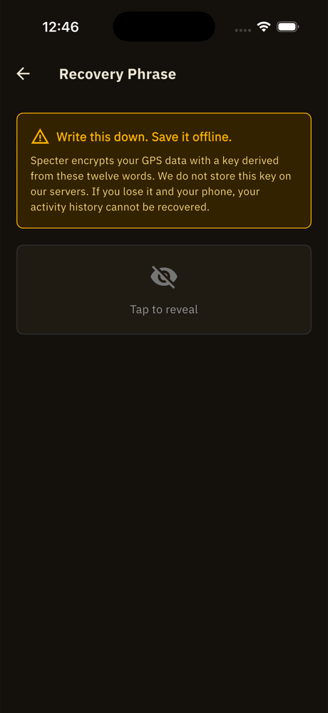 Recovery phrase screen